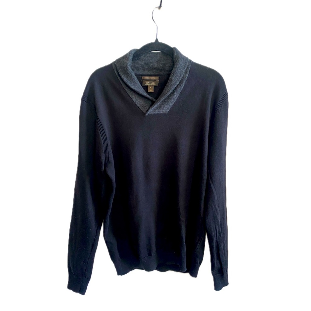 Tasso Elba Sweater Navy Blue Gray Shawl Neck 100% Cotton Medium
